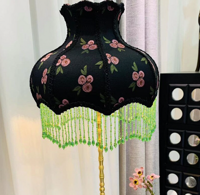 Luxury Black Floral Rose Jacquard Lampshade with Emerald Green Tassels