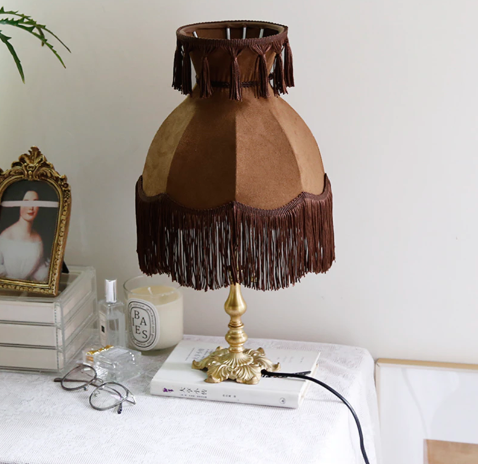 Victorian Coffee Brown Velvet French Romantic Maximalist Style Fringe Lampshade