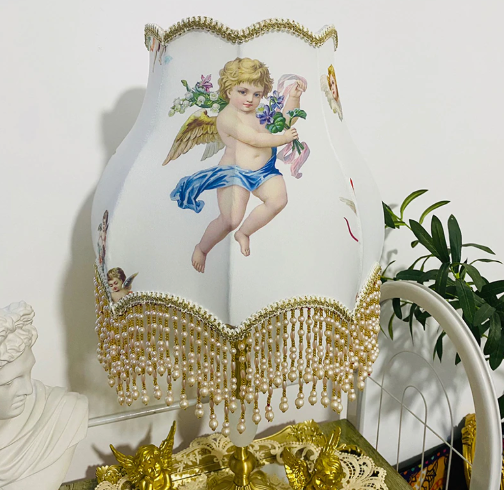 Luxury Victorian-Inspired Maximalist Scallop Bell Shaped Cherub Lampshade with Hanging Beaded Tassels