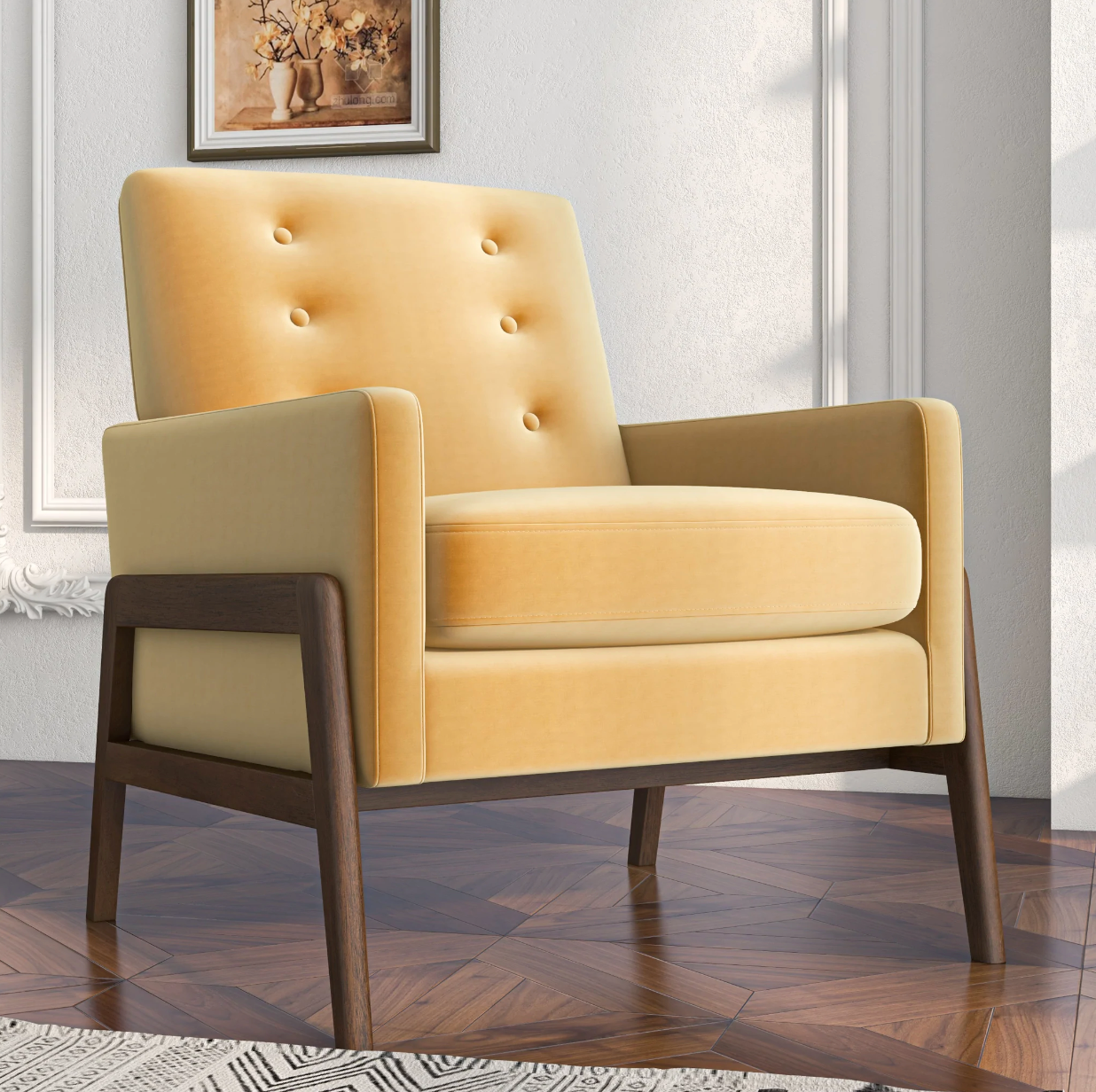 Mid-Century Modern Lounge Chair in Custard Yellow Velvet
