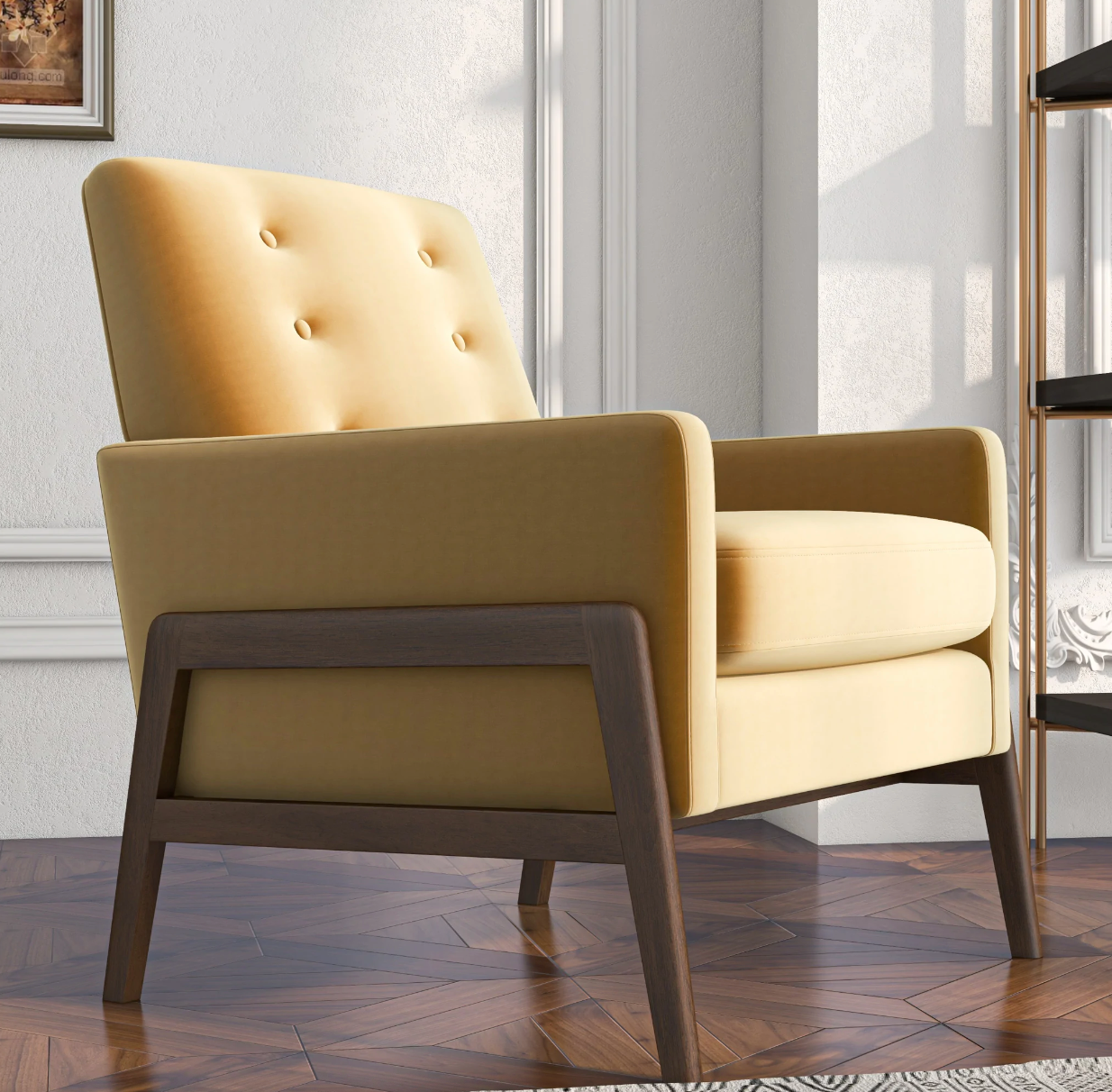 Mid-Century Modern Lounge Chair in Custard Yellow Velvet
