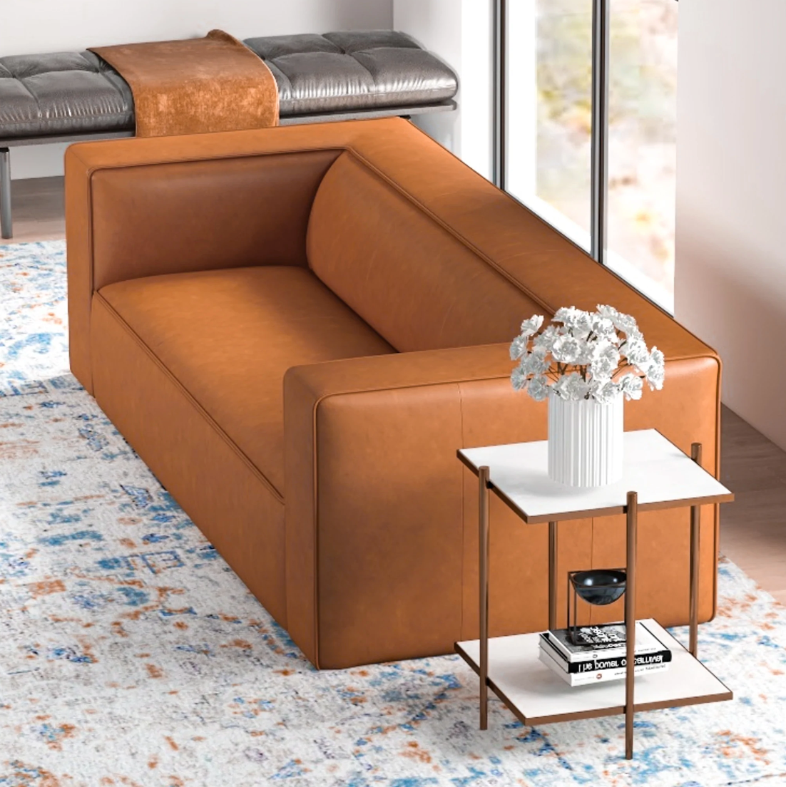 Mid-Century Modern Rectangular Tight Back Genuine Italian Leather Sofa in Tan