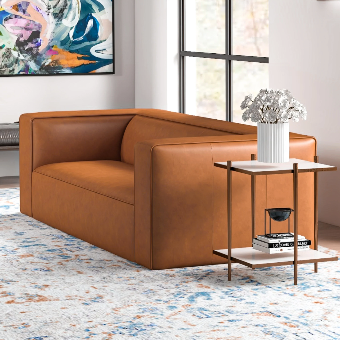 Mid-Century Modern Rectangular Tight Back Genuine Italian Leather Sofa in Tan