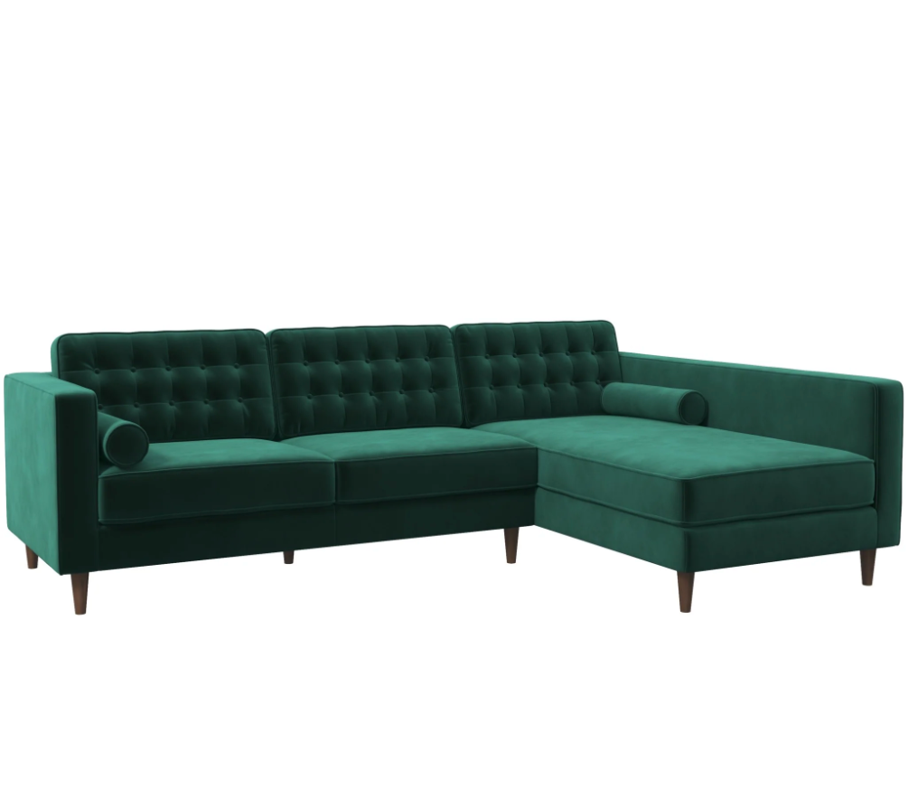 Mid-Century Modern Tufted Pillow Back Velvet Upholstered Sectional in Green Velvet