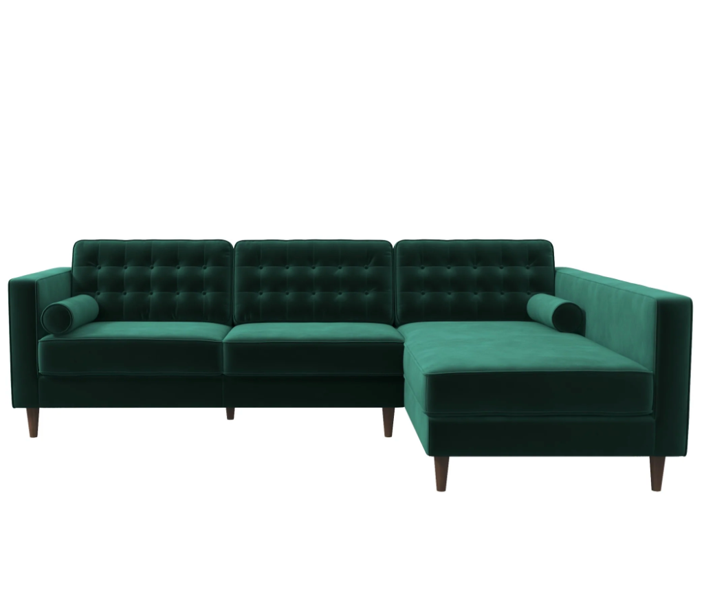 Mid-Century Modern Tufted Pillow Back Velvet Upholstered Sectional in Green Velvet