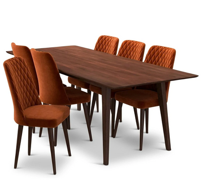 7-Piece Mid-Century Dining Set with 6 Velvet Dining Chairs in Burnt Orange