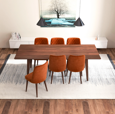 7-Piece Mid-Century Dining Set with 6 Velvet Dining Chairs in Burnt Orange