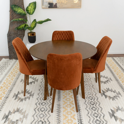 5-Piece Mid-Century Round Dining Set w/ 4 Velvet Dining Chairs in Burnt Orange