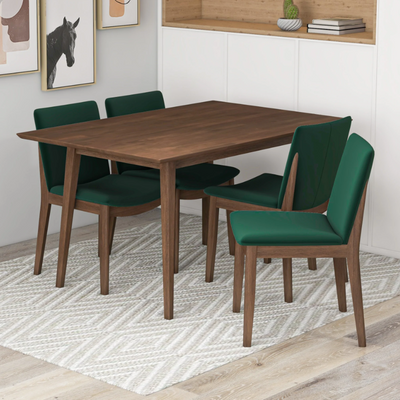 5-Piece Mid-Century Dining Set w/ 4 Velvet Dining Chairs in Green