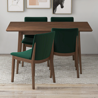 5-Piece Mid-Century Dining Set w/ 4 Velvet Dining Chairs in Green