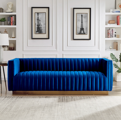 Luxury Mid Century Modern Blue Velvet Sofa with Gold Accents