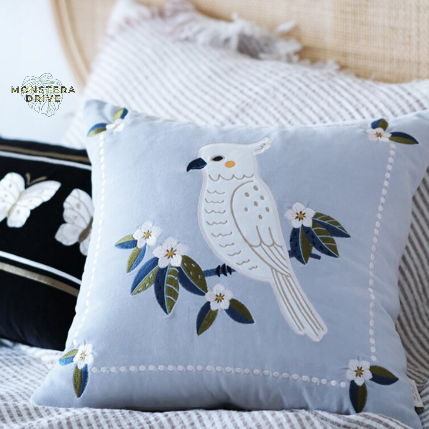 Vintage Inspired Velvet Floral Embroidered White Macaw Pillow Cover 18x18 inch