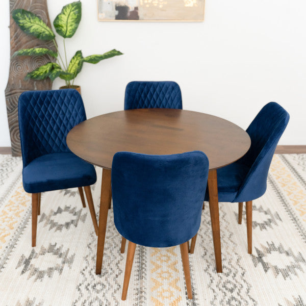 5-Piece Mid-Century Round Dining Set w/ 4 Velvet Dining Chairs in Navy Blue