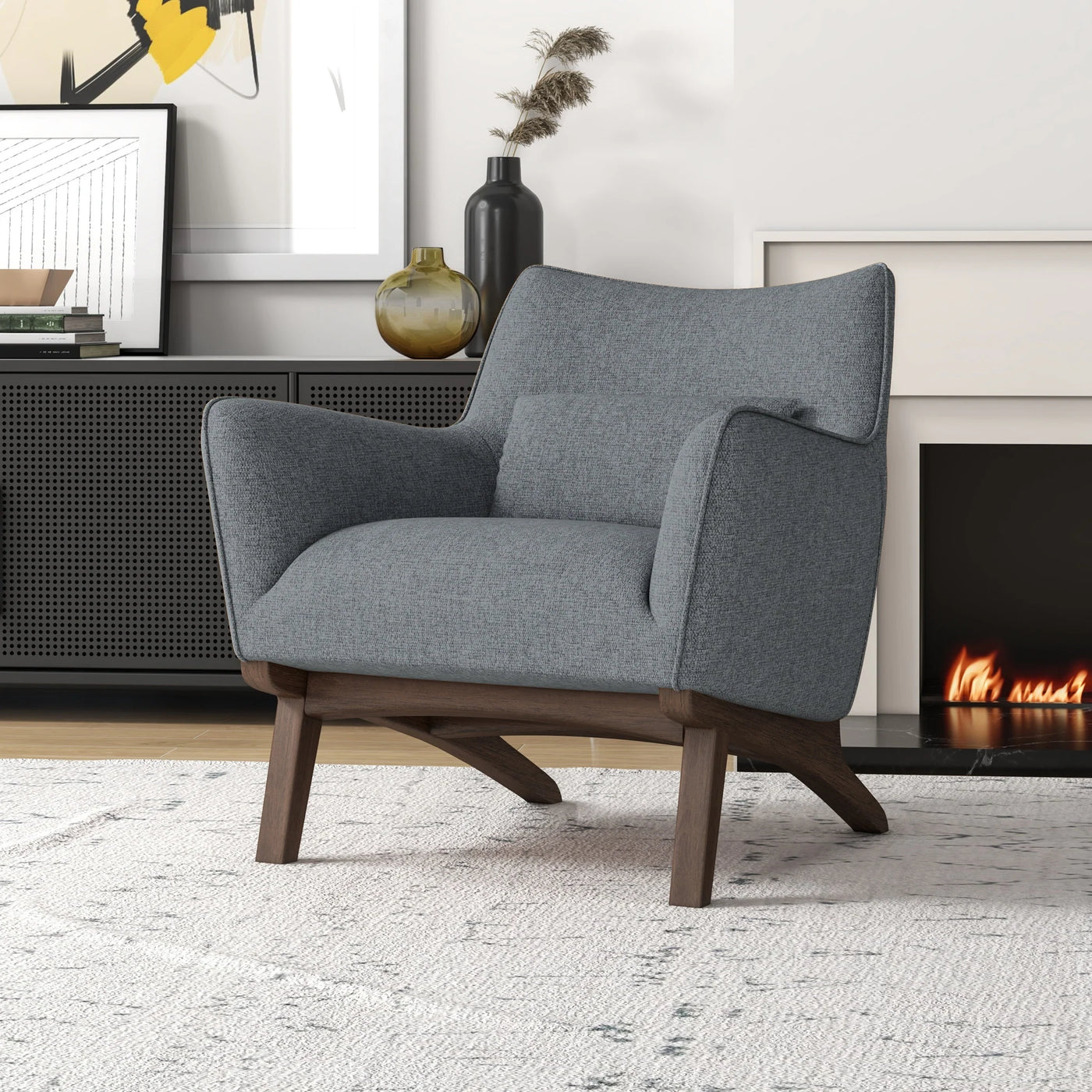 Mid-Century Modern Design Gray Linen Lounge Chair