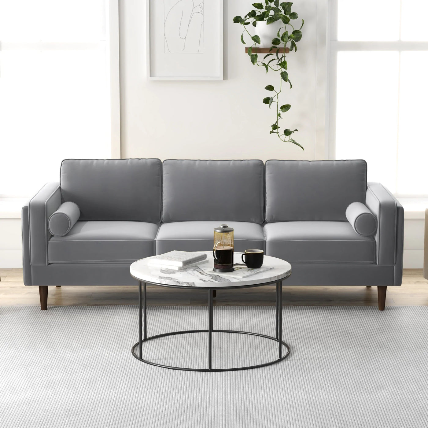 Mid-Century Modern Rectangular Pillow Back Velvet Upholstered Sofa in Gray