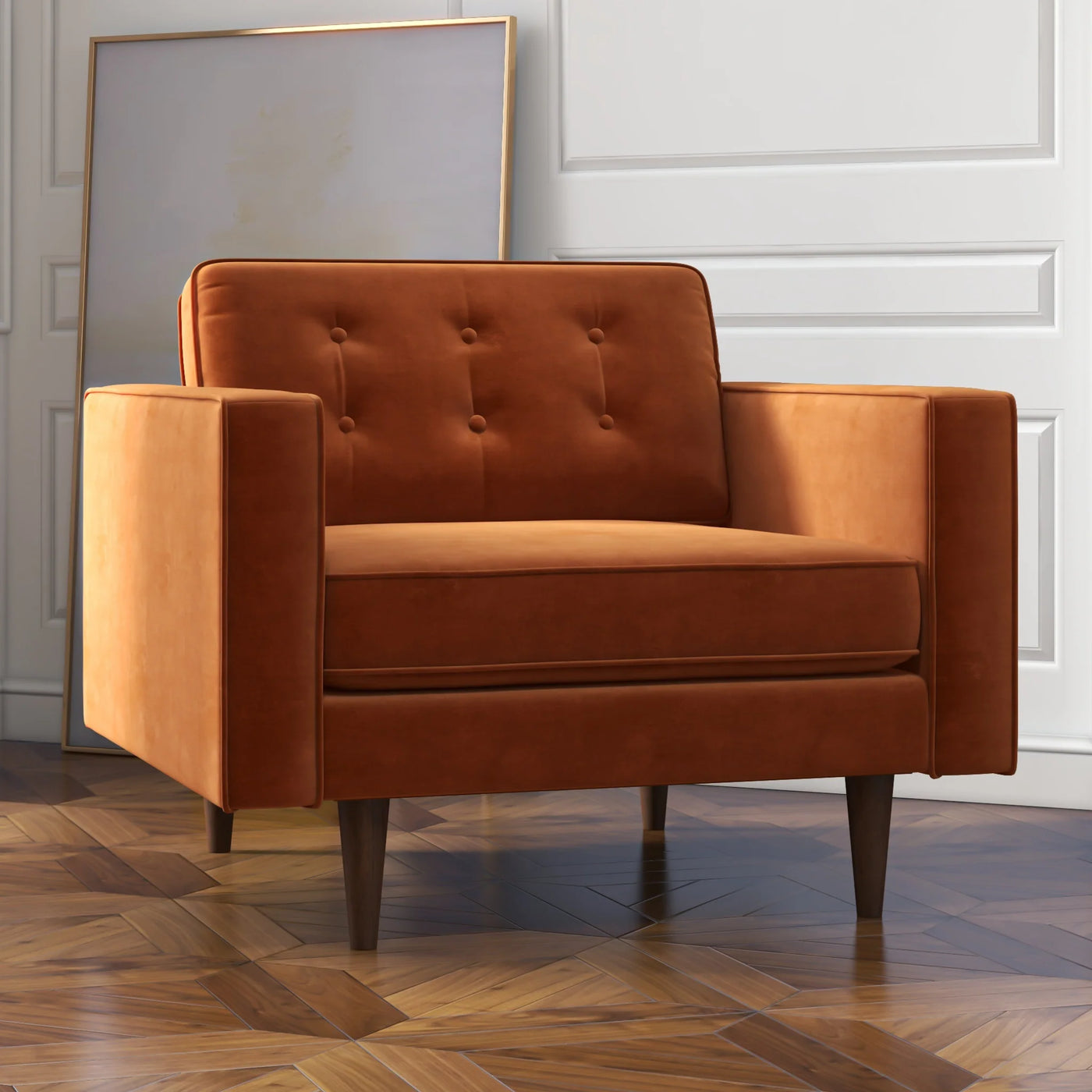 Mid-Century Modern Pillow Back Velvet Upholstered Armchair in Orange