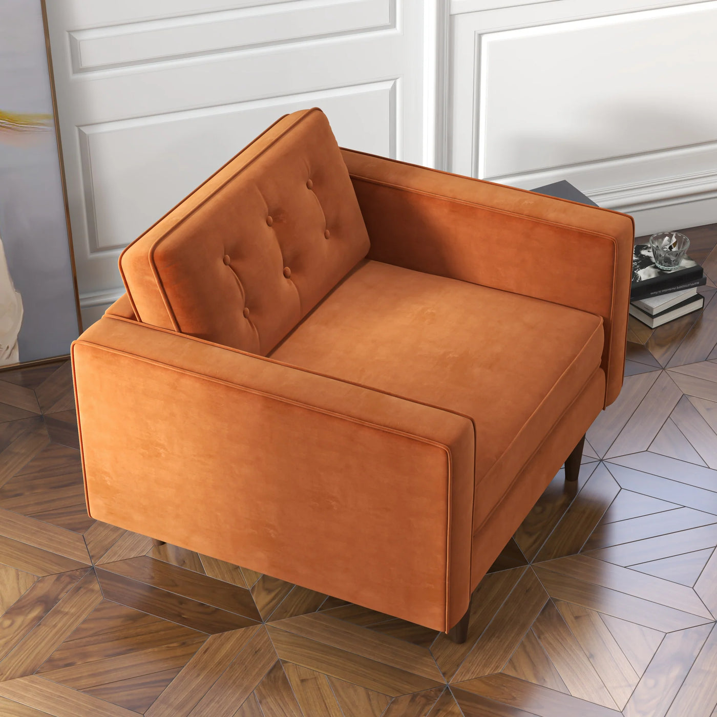 Mid-Century Modern Pillow Back Velvet Upholstered Armchair in Orange