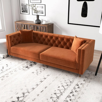 Mid-Century Modern Tufted Burnt Orange Velvet Upholstered Sofa