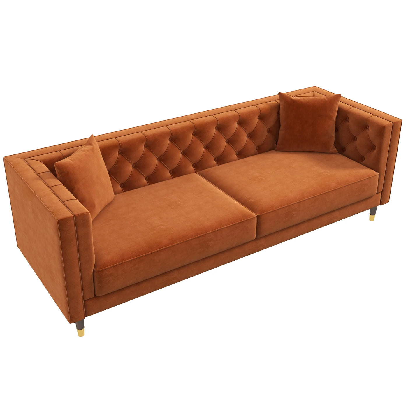 Mid-Century Modern Tufted Burnt Orange Velvet Upholstered Sofa