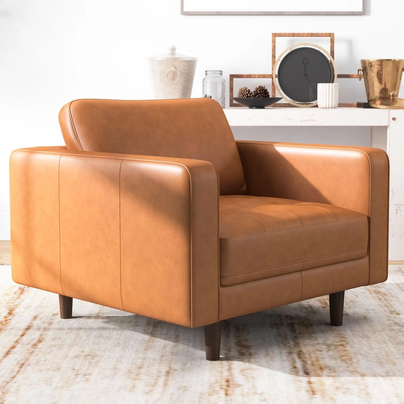 Tessa Mid-Century Modern Full-Grain Italian Leather Lounge Chair in Tan