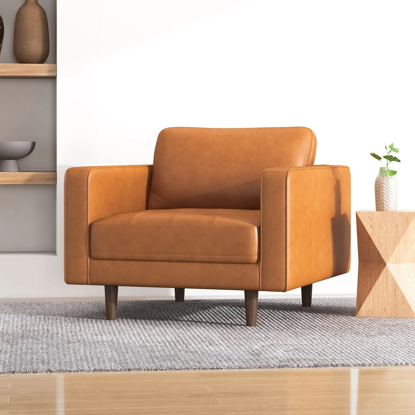 Tessa Mid-Century Modern Full-Grain Italian Leather Lounge Chair in Tan