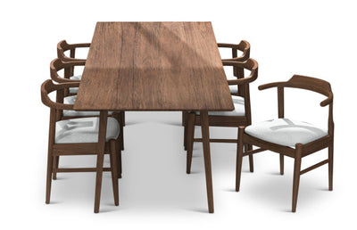 7-Piece Mid-Century Dining Set w/ 6 Fabric Dining Chairs in White