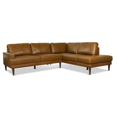 Mid-Century Modern Sectional Sofa in Tan Leather - Right Facing Chaise
