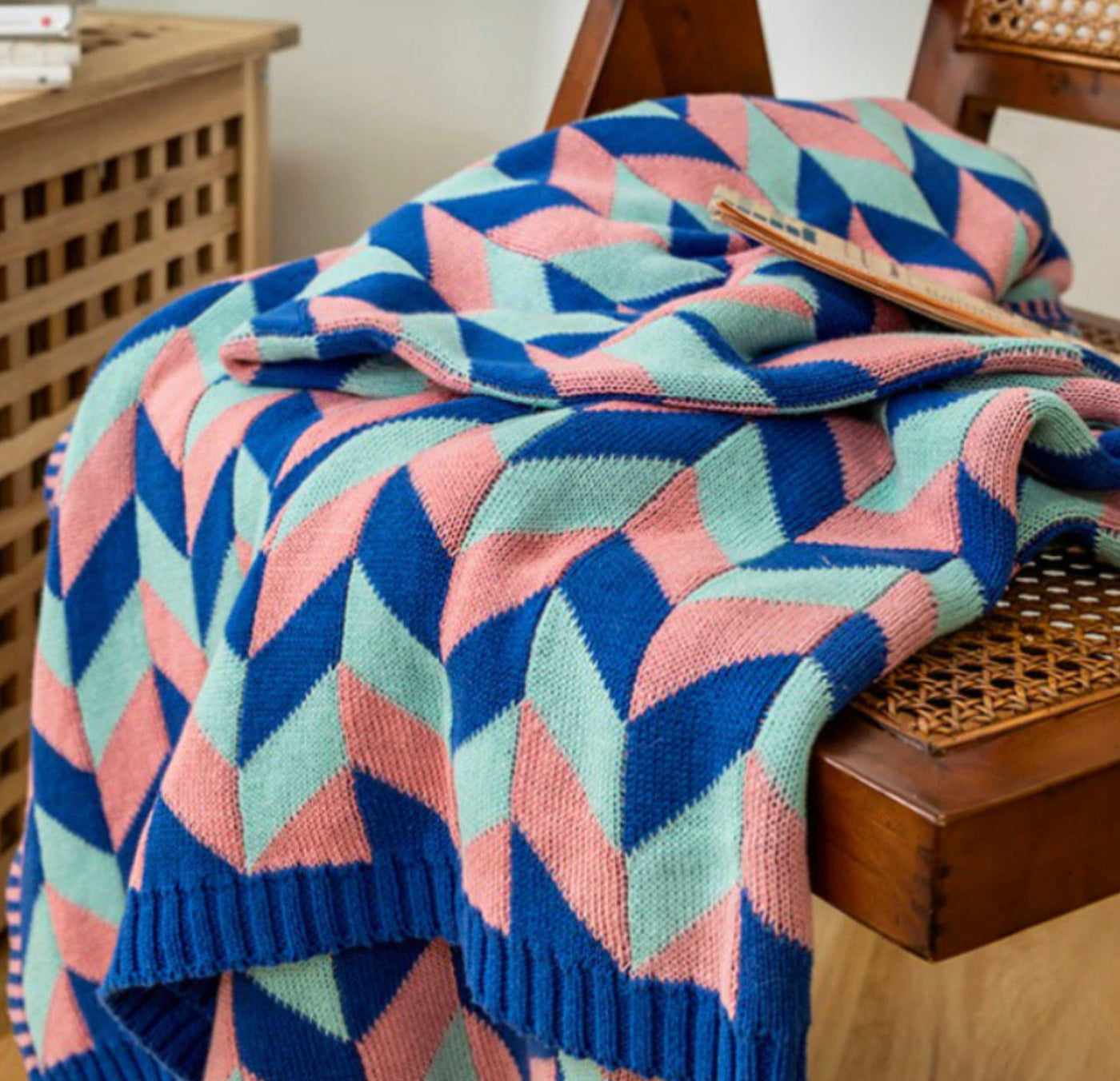Vintage Inspired Boho Geometric Pastel Knitted Throw Blanket