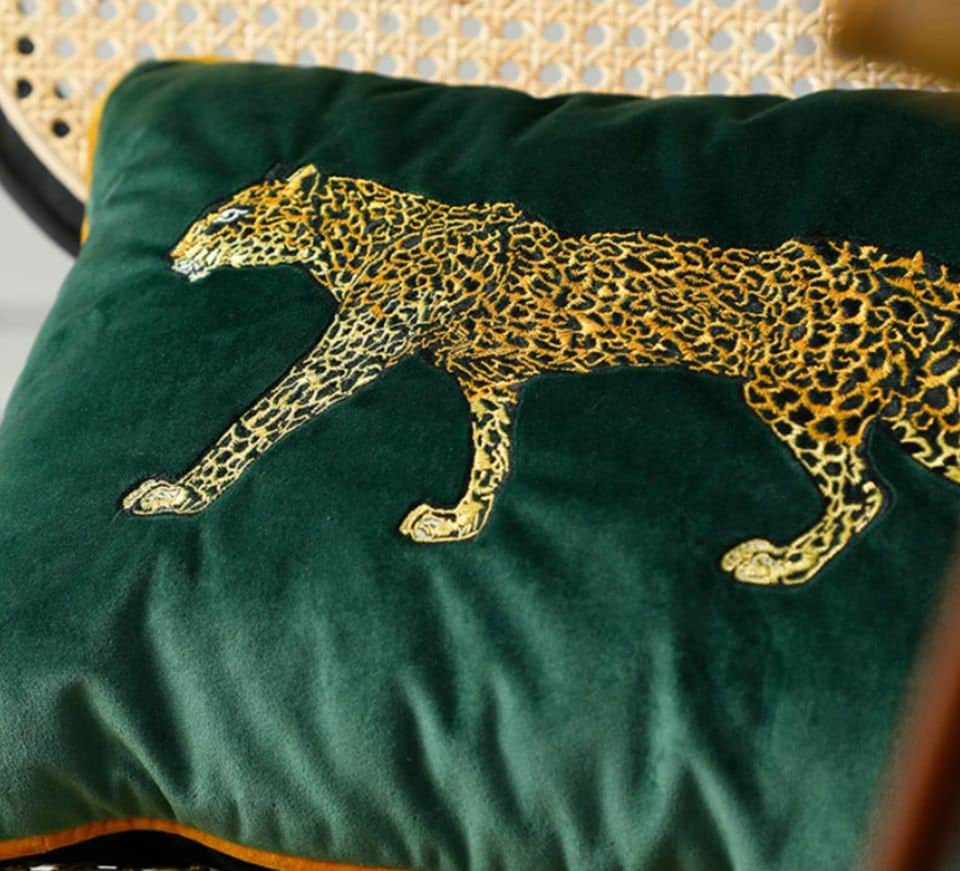 Velvet Embroidered Emerald Green Jaguar Vintage Retro Inspired Pillow Cover