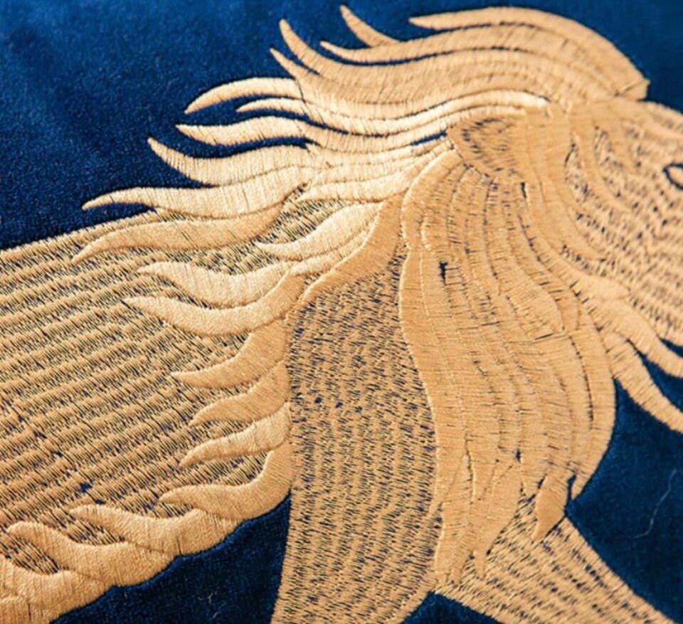 Gold Embroidered Lion/Tiger/Dragon on Rich Blue Velvet Lumbar Pillow