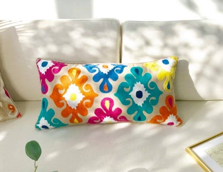 Embroidered Lumbar Throw Pillow Cover Southwestern Boho Colorful Style