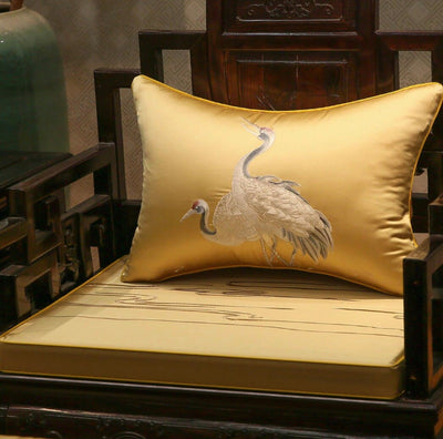 Luxury Satin Embroidered Japanese Red Crowned Cranes Embroidered Vintage Retro Inspired Lumbar Pillow Cover