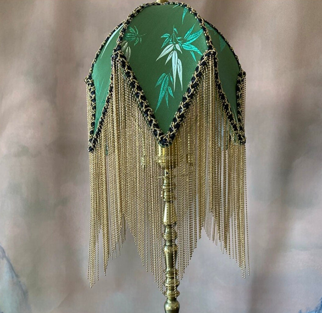 Luxury Victorian Bamboo Leaf Maximalist Green Satin Hanging Tasseled French Romantic Lampshade