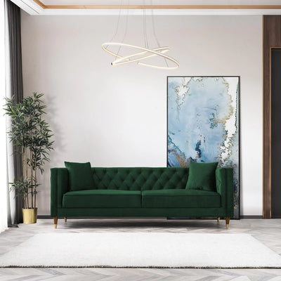 Mid-Century Modern Tufted Rectangular Tight Back Sofa in Emerald Green Velvet
