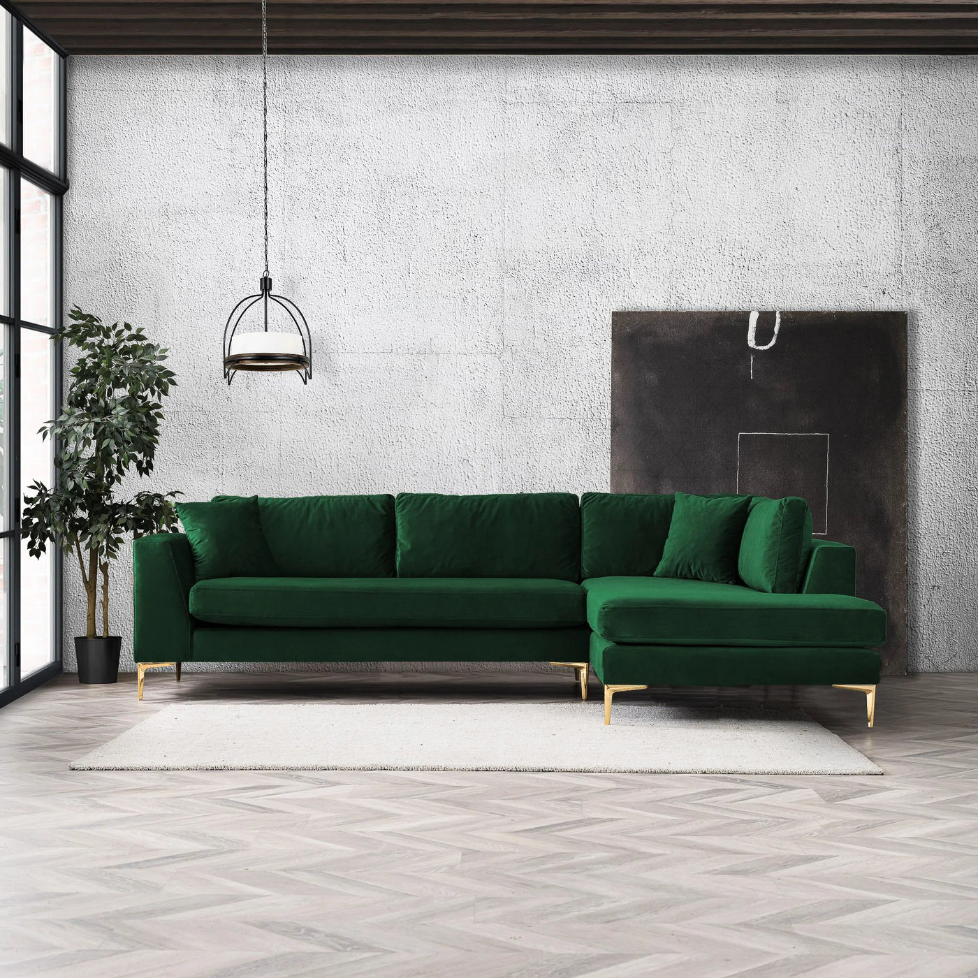 Mid-Century Modern Emerald Green with Gold Accents Sectional Sofa - Left or Right Chaise