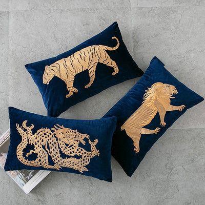 Gold Embroidered Lion/Tiger/Dragon on Rich Blue Velvet Lumbar Pillow