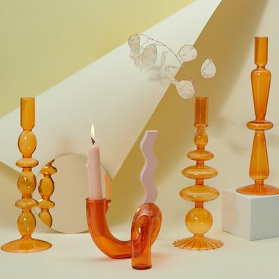 Wavy Glass Candlestick and Tea Light Holders Vintage Retro Inspired Amber Orange Warm Tone Clear Decorative Candle Holders