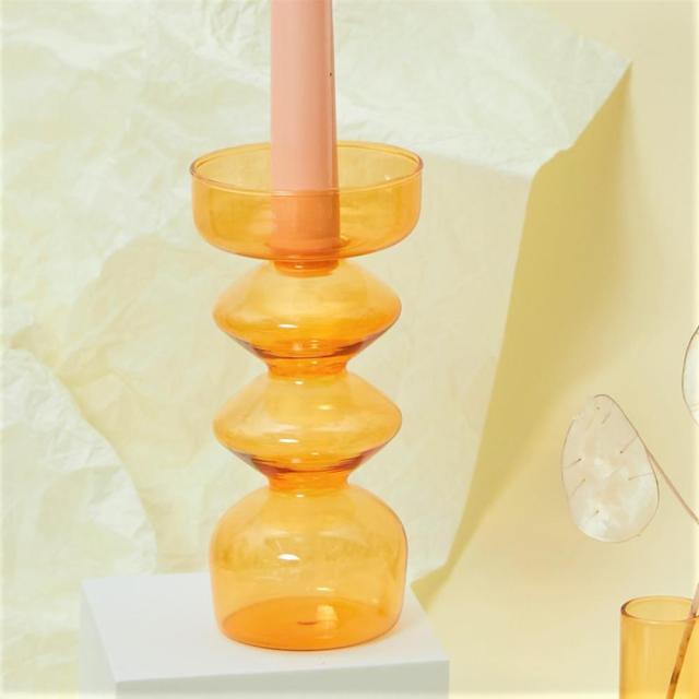 Wavy Glass Candlestick and Tea Light Holders Vintage Retro Inspired Amber Orange Warm Tone Clear Decorative Candle Holders