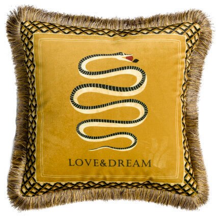 Luxury Italian Velvet Gold Fringe Yellow Snake Love Pillow Cover Collection