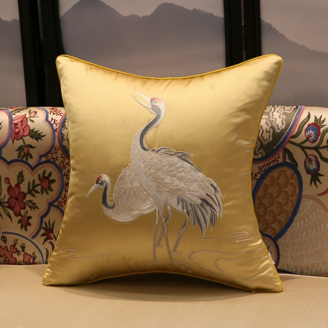 Luxury Satin Embroidered Japanese Red Crowned Cranes Embroidered Vintage Retro Inspired Lumbar Pillow Cover