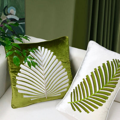 Luxury Velvet Embroidered Green and Cream Fern Pillow Cover Collection