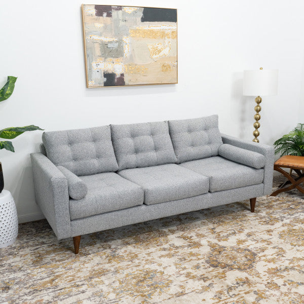 Mid-Century Tufted Rectangular Pillow back Fabric Upholstered Sofa in Grey