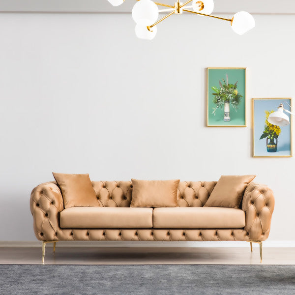 Vintage Retro-Inspired Tufted Rectangular Tight Back Velvet Upholstered Sofa in Honey Cream