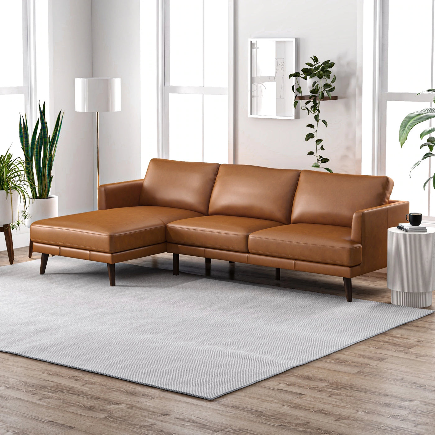 Mid Century Modern Sectional Sofa in Tan Leather Left Facing