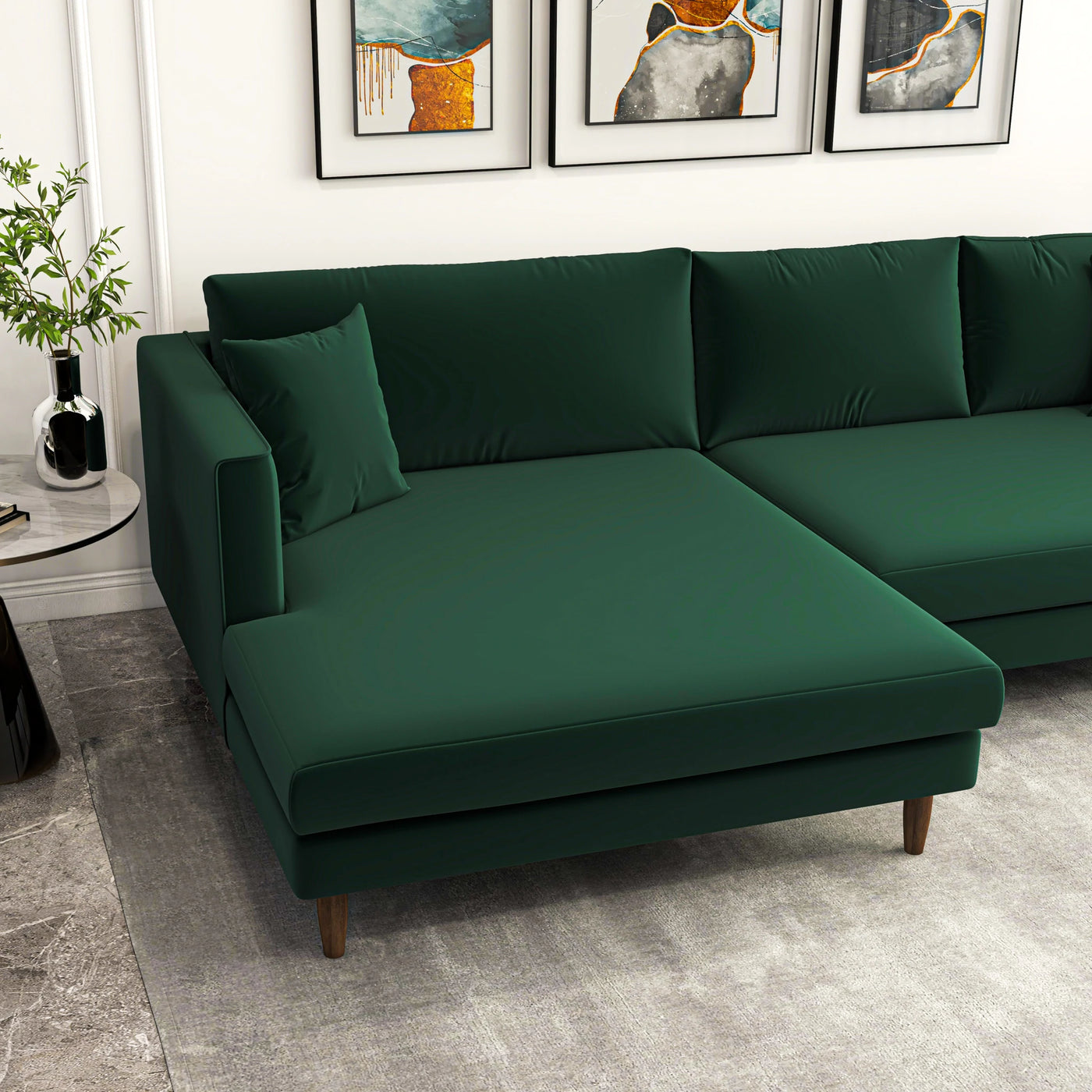 Mid-Century Modern Green Velvet Sectional Sofa - Left Facing Chaise