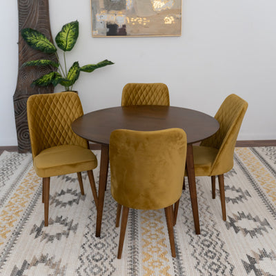 5-Piece Mid-Century Round Dining Set w/ 4 Velvet Dining Chairs in Gold