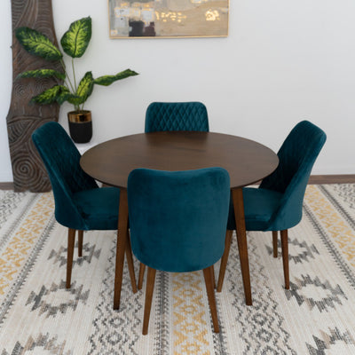 5-Piece Mid-Century Round Dining Set w/ 4 Velvet Dining Chairs in Teal