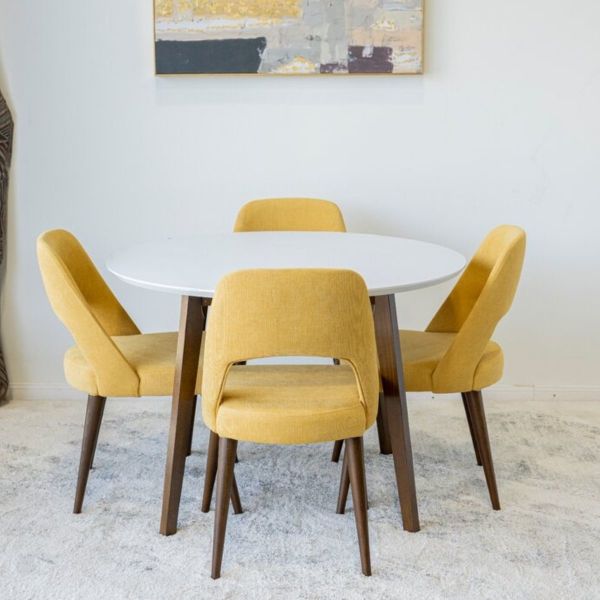 Cosette 5-Piece Mid-Century Round Dining Set w/ 4 Fabric Dining Chairs in Yellow