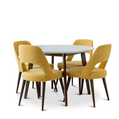Cosette 5-Piece Mid-Century Round Dining Set w/ 4 Fabric Dining Chairs in Yellow