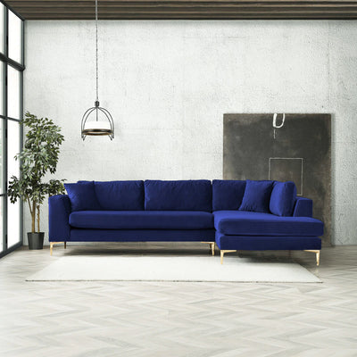 Mid-Century Modern Sectional Sofa in Blue Velvet - Right Facing Chaise